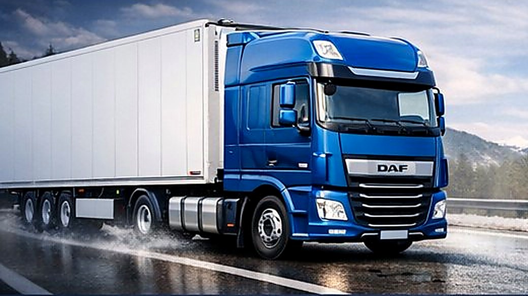 Син влекач DAF XF на GB Trans с бяло хладилно полуремарке